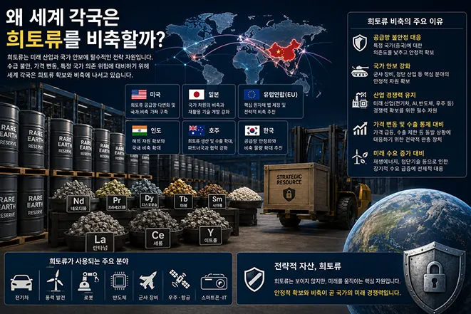 세계 각국이 희토류를 비축하는 이유와 국가 안보, 공급망, 첨단 산업, 미래 경쟁력의 관계를 설명하는 교육용 인포그래픽 이미지