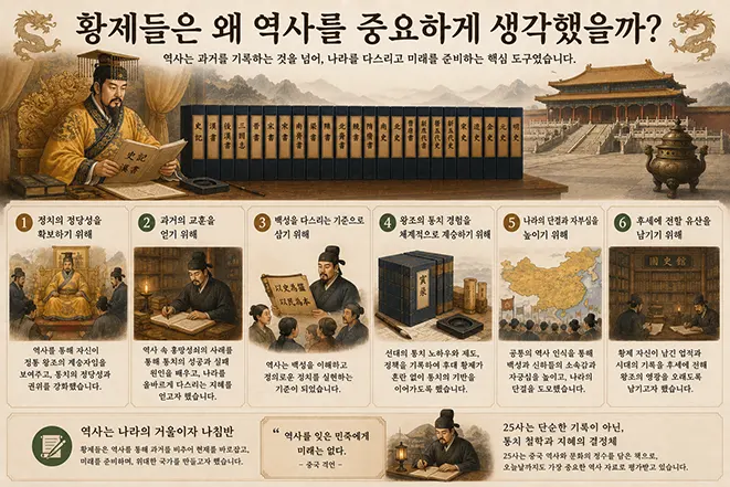 중국 황제들이 25사를 통해 역사를 중요하게 여긴 이유를 설명하는 인포그래픽