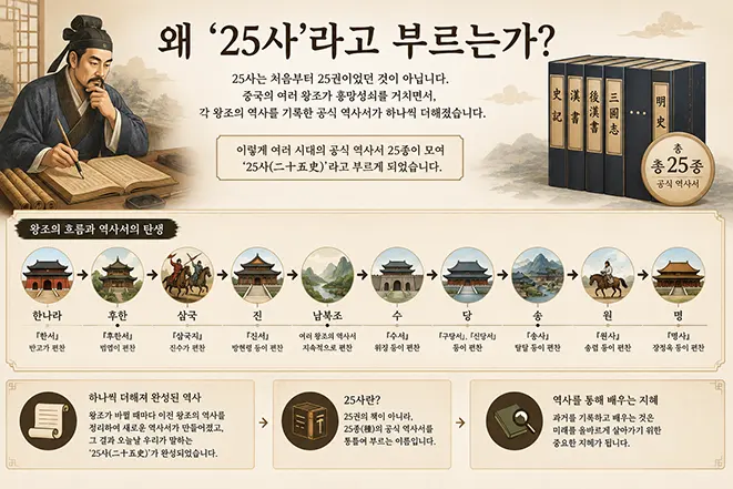 중국 25사가 여러 왕조의 공식 역사서를 모아 형성된 과정을 설명하는 인포그래픽