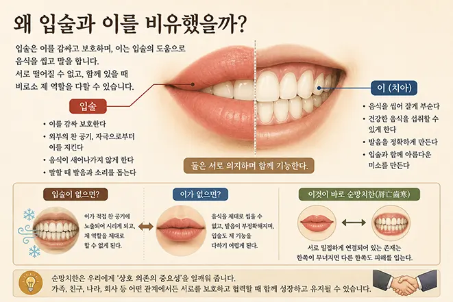 순망치한에서 입술과 이를 비유한 이유를 설명하는 인포그래픽으로 입술과 치아의 상호 의존 관계를 표현한 이미지