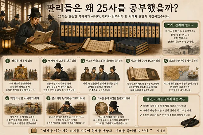 중국 관리들이 25사를 공부한 이유와 국가 운영에 활용한 내용을 설명하는 인포그래픽