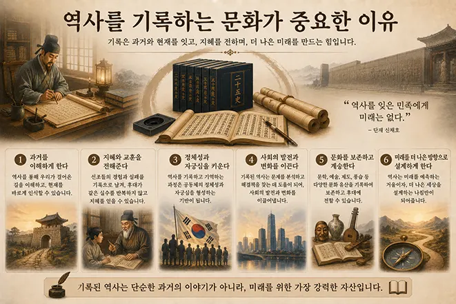 역사를 기록하는 문화의 중요성과 후세에 전하는 가치를 설명하는 인포그래픽