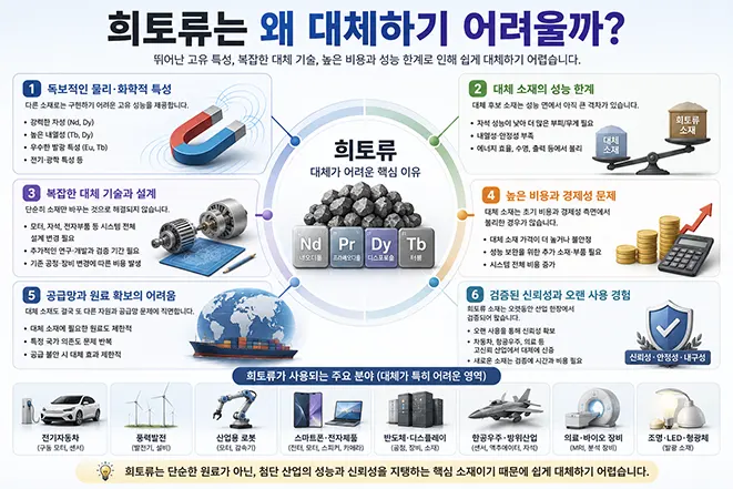 희토류가 독특한 물리·화학적 특성과 높은 성능, 복잡한 대체 기술, 경제성 문제 때문에 대체하기 어려운 이유를 설명하는 인포그래픽
