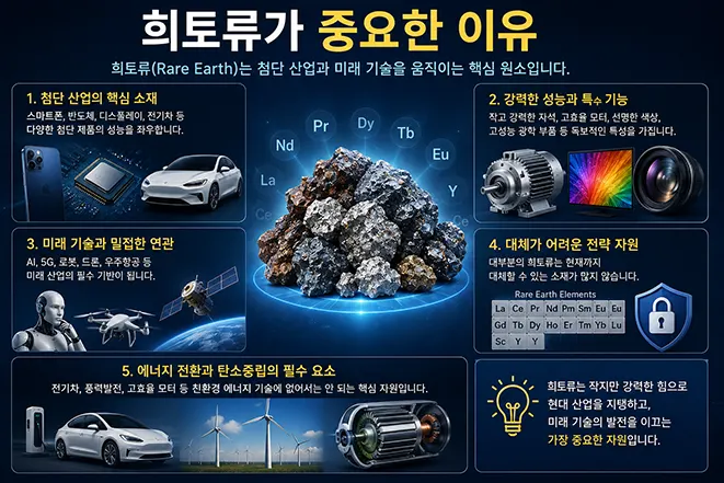 희토류(Rare Earth)가 반도체, 전기자동차, 인공지능(AI), 풍력발전, 로봇 등 첨단 산업에서 중요한 이유를 설명하는 인포그래픽 이미지