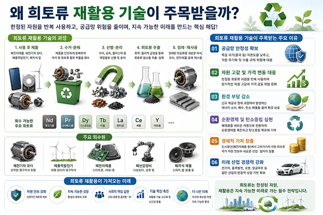 희토류 재활용 과정과 공급망 안정, 자원 고갈 대응, 환경 부담 감소, 순환경제 및 미래 산업 경쟁력의 중요성을 설명하는 인포그래픽
