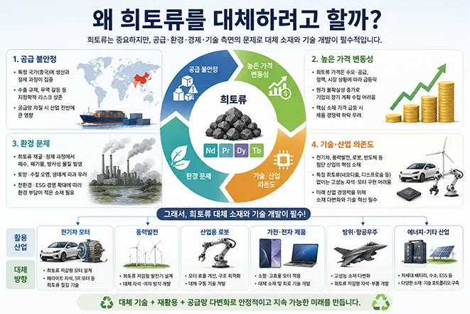 희토류를 대체하려는 이유를 공급 불안정, 가격 변동성, 환경 문제, 산업 의존도와 전기차·풍력발전·로봇 등 활용 산업으로 설명한 인포그래픽