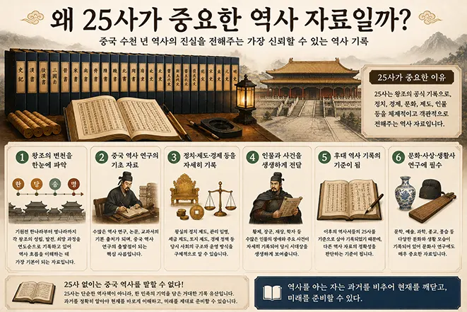 중국 25사가 중요한 역사 자료인 이유와 활용 가치를 설명하는 인포그래픽