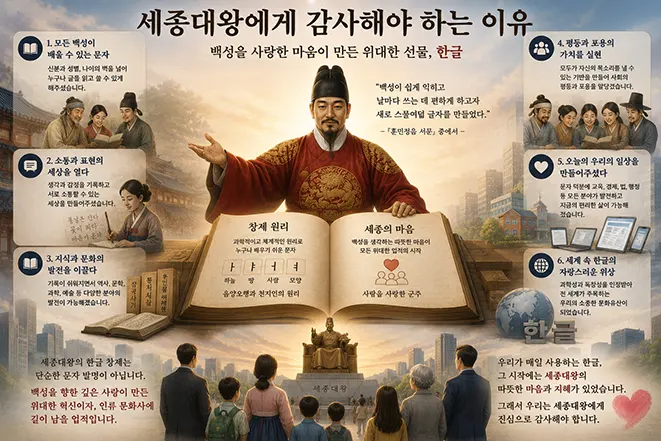세종대왕의 한글 창제와 백성을 위한 뜻, 한글이 교육·소통·문화·현대 생활에 미친 영향을 표현한 이미지