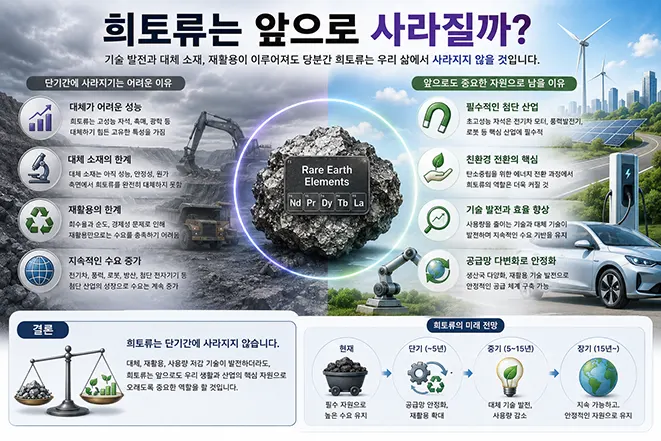 희토류가 앞으로 사라질 가능성과 대체 기술, 재활용, 첨단 산업 수요 및 미래 자원 전략을 설명하는 인포그래픽