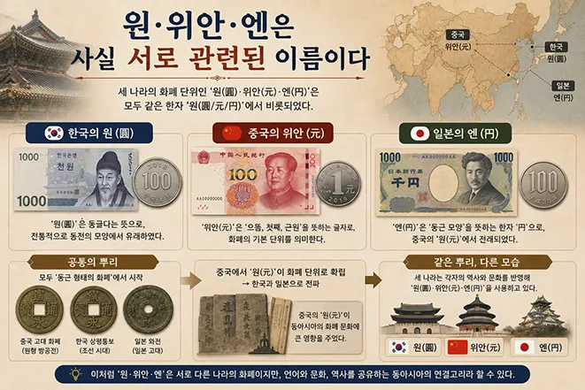 한국의 원, 중국의 위안, 일본의 엔이 한자 圓에서 연결된 화폐 명칭임을 설명하는 이미지