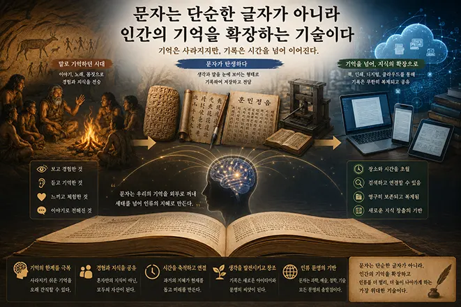 구전에서 문자와 책, 인쇄술, 디지털 기록으로 발전하며 인간의 기억과 지식이 확장되는 과정을 표현한 이미지