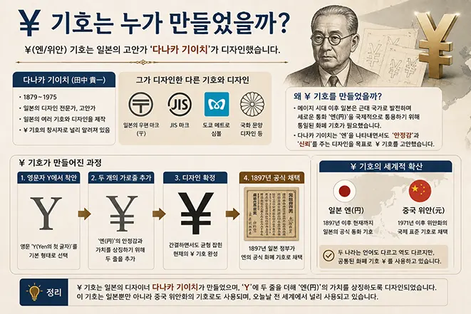 일본 엔과 중국 위안에 사용되는 ¥ 화폐 기호의 형태와 역사적 유래를 설명하는 이미지