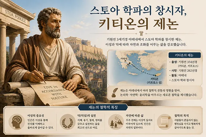 고대 아테네를 배경으로 스토아 학파의 창시자 키티온의 제논과 그의 철학적 가르침을 표현한 이미지