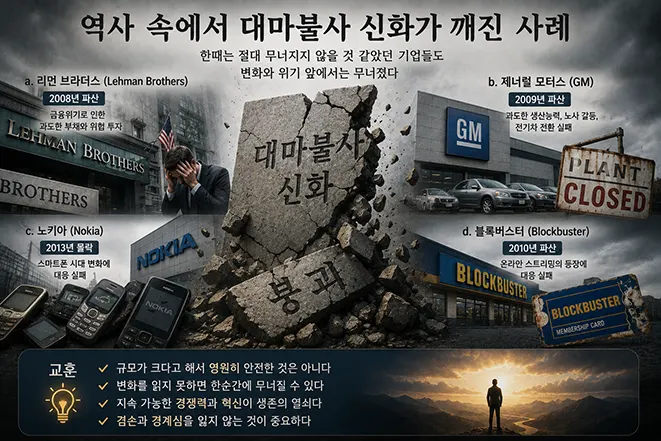 역사 속에서 대마불사 신화가 깨진 기업들의 사례를 표현한 이미지