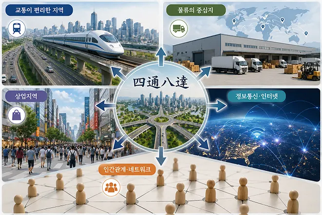 교통과 물류, 상업지역, 정보통신, 인간관계 등 다양한 분야에서 사용되는 사통팔달의 의미를 설명한 인포그래픽 이미지
