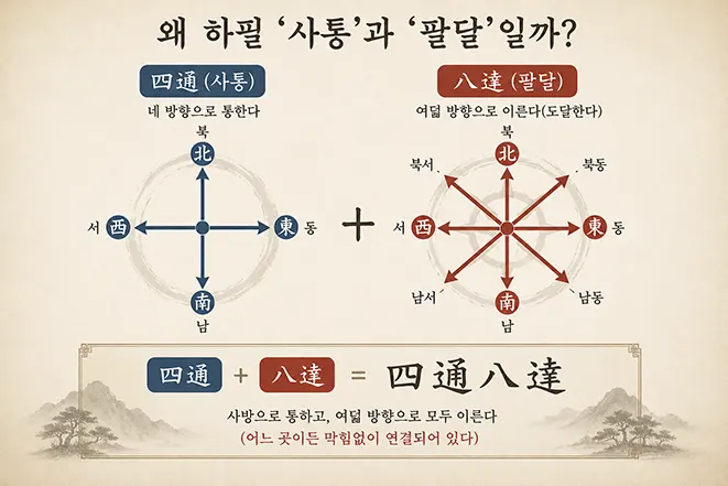 사통과 팔달의 의미를 사방과 팔방 방향도로 비교하여 사통팔달의 뜻을 설명한 인포그래픽 이미지
