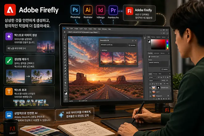 Adobe Firefly를 활용해 Photoshop에서 이미지를 생성하고 편집하며 Illustrator, InDesign, Premiere Pro 등 Adobe 프로그램과 연계하는 모습