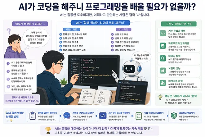 AI가 코드를 작성해 주더라도 프로그래밍 기초 지식과 개발자의 이해 및 판단이 필요한 이유를 설명하는 이미지
