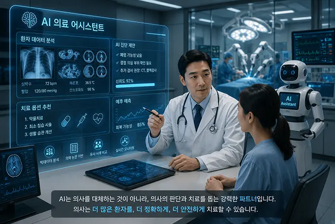 의사가 AI 의료 어시스턴트의 환자 데이터 분석과 진단 제안을 활용해 환자와 상담하고 뒤에서 의료 로봇이 수술을 지원하는 모습