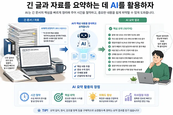 생성형 AI를 활용해 긴 글과 문서의 핵심 내용을 빠르게 요약하고 정리하는 과정을 설명하는 이미지