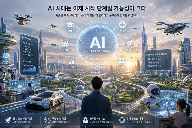 AI가 교육, 의료, 산업, 환경, 경제, 안전, 사회 등 다양한 분야와 연결된 미래 도시의 모습