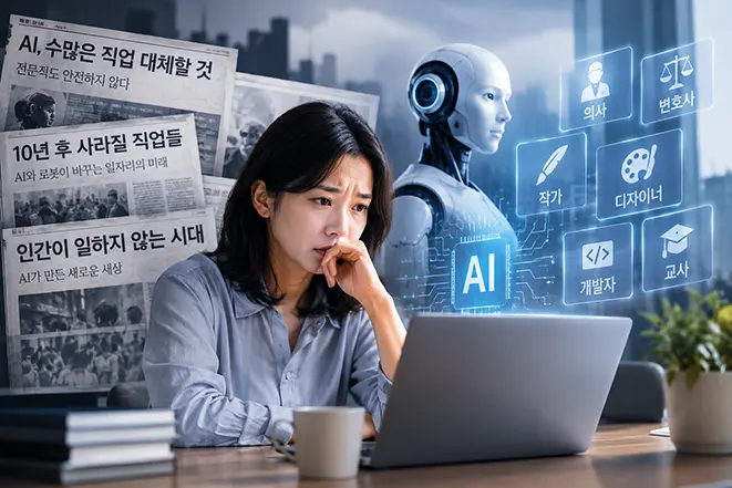 AI가 의사, 변호사, 작가, 디자이너, 개발자, 교사 등 다양한 직업을 대체할 가능성을 걱정하는 사람과 인공지능 로봇