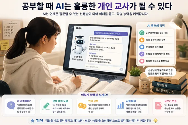 생성형 AI를 개인 교사처럼 활용해 개념 이해, 문제 풀이, 영어 공부, 시험 대비와 글쓰기를 학습하는 모습을 설명하는 이미지