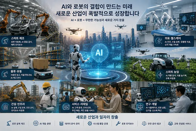 AI와 로봇을 중심으로 스마트 제조, 물류, 의료, 농업, 건설, 서비스, 연구개발 등 다양한 산업과 새로운 일자리가 연결된 모습