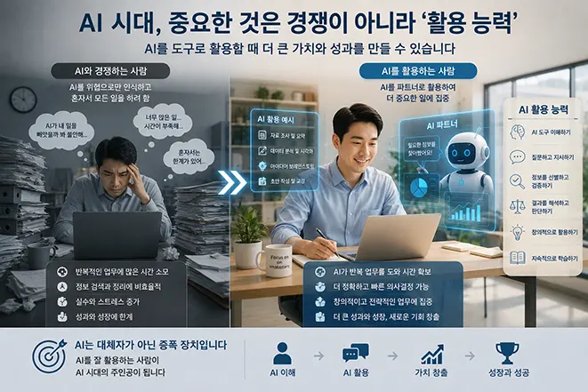 AI와 경쟁하며 혼자 업무를 처리하는 사람과 AI를 파트너로 활용해 생산성과 업무 효율을 높이는 사람을 비교한 모습