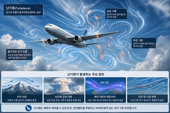 난기류를 통과하는 비행기와 상승기류, 하강기류, 산악 지형, 뇌우, 제트기류, 바람시어 등 난기류 발생 원인을 설명한 이미지
