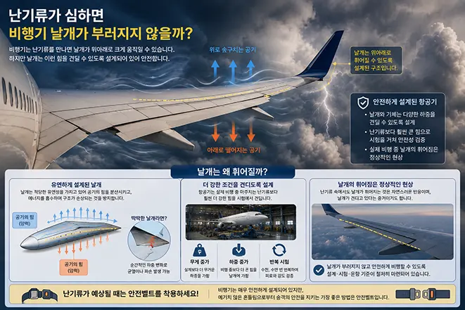 난기류 속에서 비행기 날개가 휘어지는 모습과 날개의 유연한 구조 및 항공기 안전 설계를 설명한 이미지