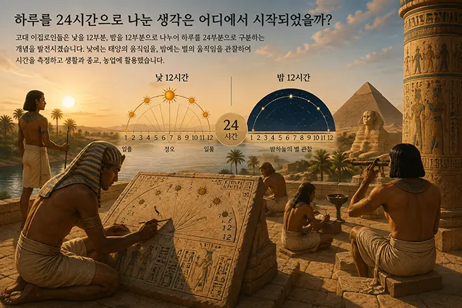 고대 이집트에서 낮과 밤을 각각 12시간으로 나누어 하루 24시간의 개념이 형성된 과정을 표현한 이미지