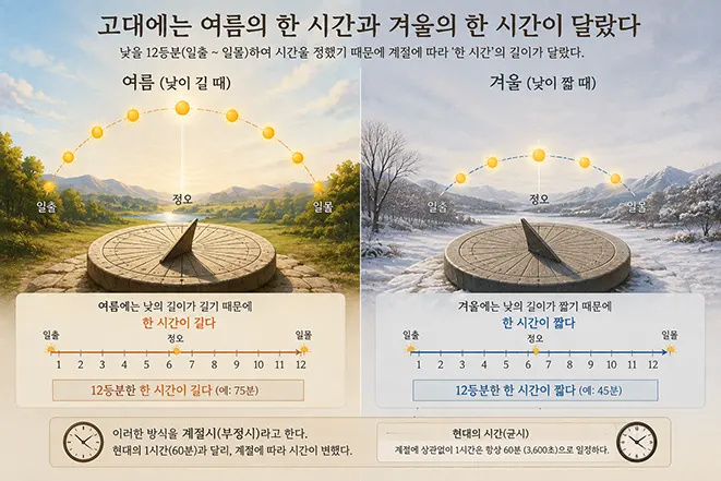 고대의 계절시에서 낮을 12등분하여 여름과 겨울의 한 시간 길이가 달랐던 원리를 비교한 이미지