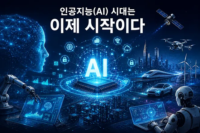 인공지능(AI) 시대의 시작과 미래 기술 발전을 표현한 이미지로 AI 칩, 로봇, 위성, 전기자동차, 스마트 도시를 보여주는 미래 산업 인포그래픽