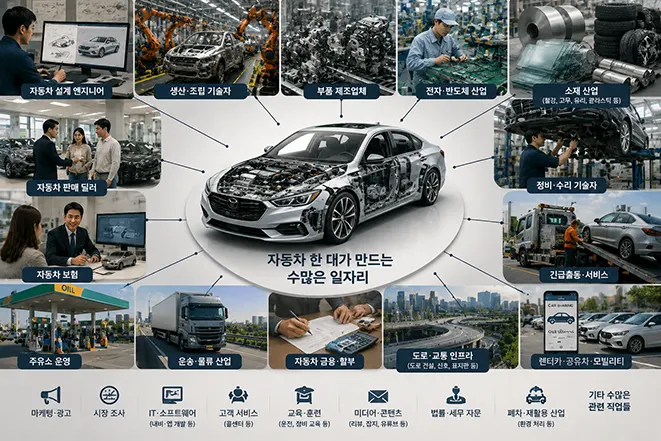 자동차 한 대를 중심으로 설계, 생산, 부품, 반도체, 소재, 판매, 보험, 정비, 물류, 금융, 도로 등 다양한 산업과 일자리가 연결된 모습