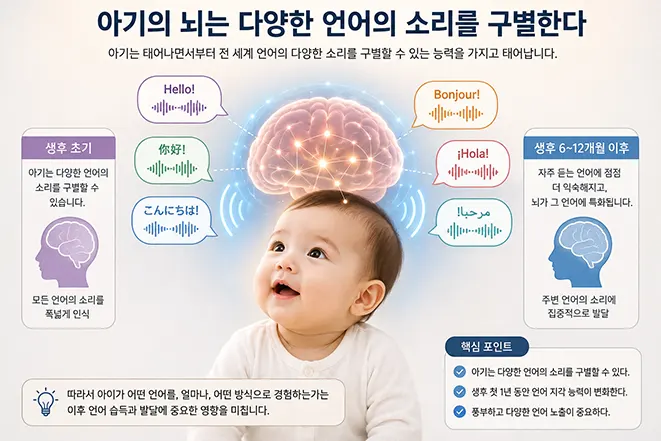 아기가 영어, 중국어, 일본어, 프랑스어, 스페인어, 아랍어 등 다양한 언어의 소리를 구별하는 능력을 보여주는 이미지