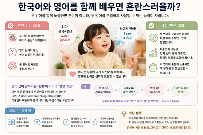 어린아이가 한국어와 영어를 함께 배우는 이중언어 환경과 언어 혼용 및 발달 과정을 설명하는 이미지