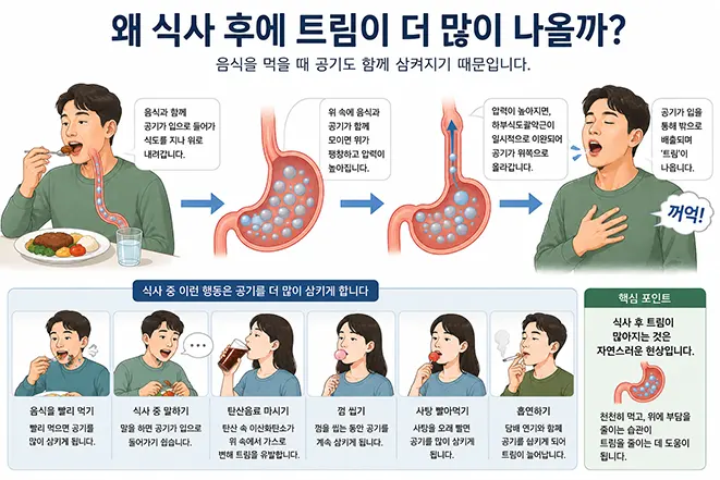 식사 중 삼킨 공기가 위에 모여 식도를 통해 배출되면서 식사 후 트림이 증가하는 원리를 설명하는 이미지