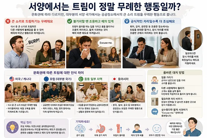 서양의 식사 자리와 공식적인 장소에서 트림에 대한 예절과 올바른 대처 방법을 설명하는 이미지