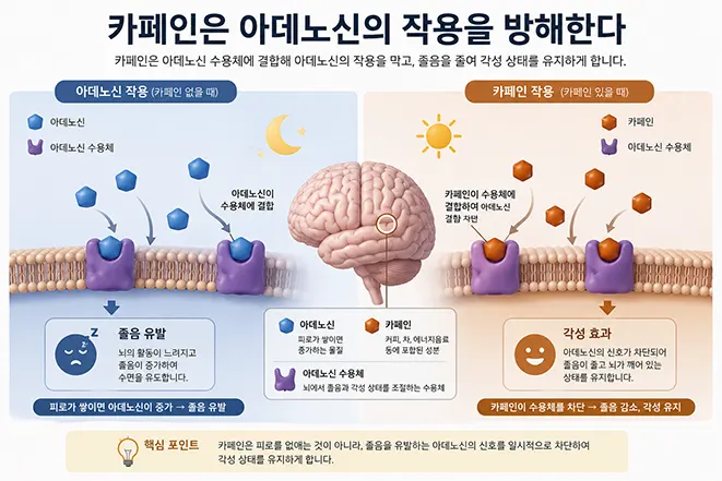 카페인이 뇌의 아데노신 수용체를 차단하여 졸음을 줄이고 각성 상태를 유지하는 원리를 설명한 이미지