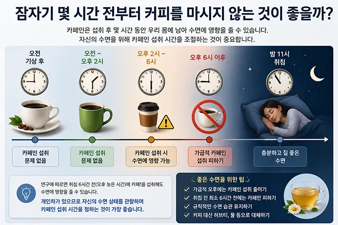 오전부터 밤 11시 취침까지 시간대별 카페인 섭취와 수면 영향을 보여주는 커피 섭취 시간 안내 이미지