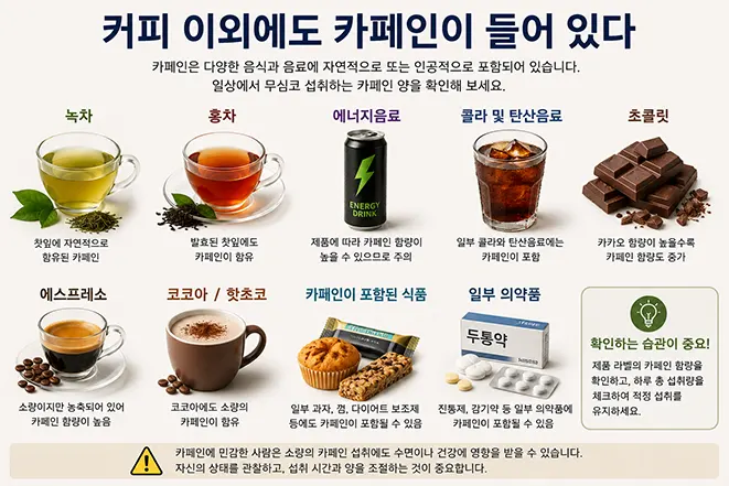 녹차, 홍차, 에너지음료, 콜라, 초콜릿, 에스프레소, 코코아, 식품과 일부 의약품 등 커피 이외의 다양한 카페인 공급원을 보여주는 이미지
