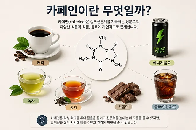 커피, 녹차, 홍차, 초콜릿, 에너지음료, 콜라와 카페인 분자 구조를 보여주는 카페인 설명 이미지