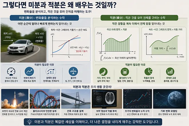 자동차의 속도와 위치 변화, 곡선의 넓이, 로켓, 롤러코스터, 건축, 의료 영상, 주가와 기후 모델링 사례를 통해 미분과 적분의 활용을 설명한 이미지