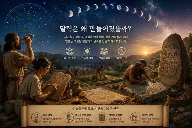고대 사람들이 달과 별, 계절의 변화를 관찰하며 달력을 만든 과정을 표현한 이미지