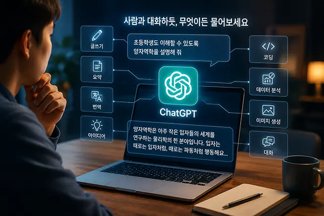 ChatGPT와 대화하며 글쓰기, 요약, 번역, 코딩, 데이터 분석, 이미지 생성 등 다양한 AI 기능을 사용하는 모습