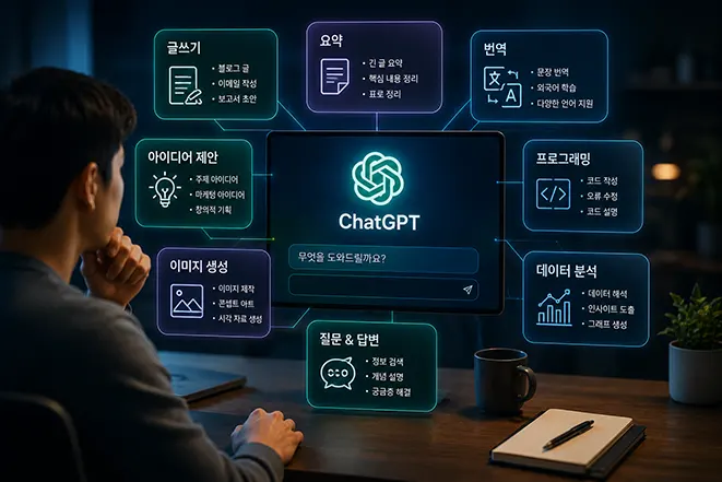 ChatGPT가 글쓰기, 요약, 번역, 프로그래밍, 데이터 분석, 이미지 생성, 아이디어 제안 등 다양한 작업을 수행하는 모습