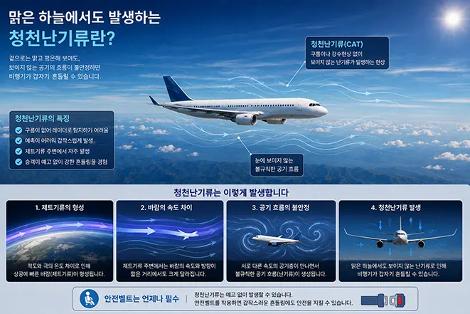 맑은 하늘을 비행하는 여객기 주변에서 제트기류와 바람의 속도 차이로 청천난기류가 발생하는 원리를 설명한 이미지