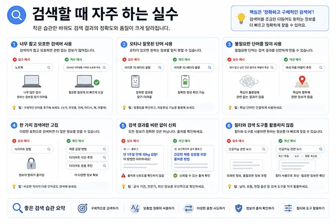 인터넷 검색 시 자주 하는 실수와 올바른 검색 방법을 비교하여 설명하는 인포그래픽