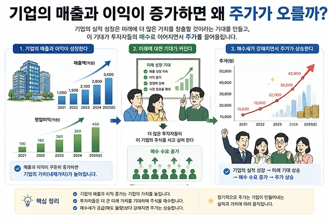 기업의 매출과 이익 증가가 미래 성장 기대와 투자자의 매수 수요 증가를 거쳐 주가 상승으로 이어지는 과정을 설명한 이미지